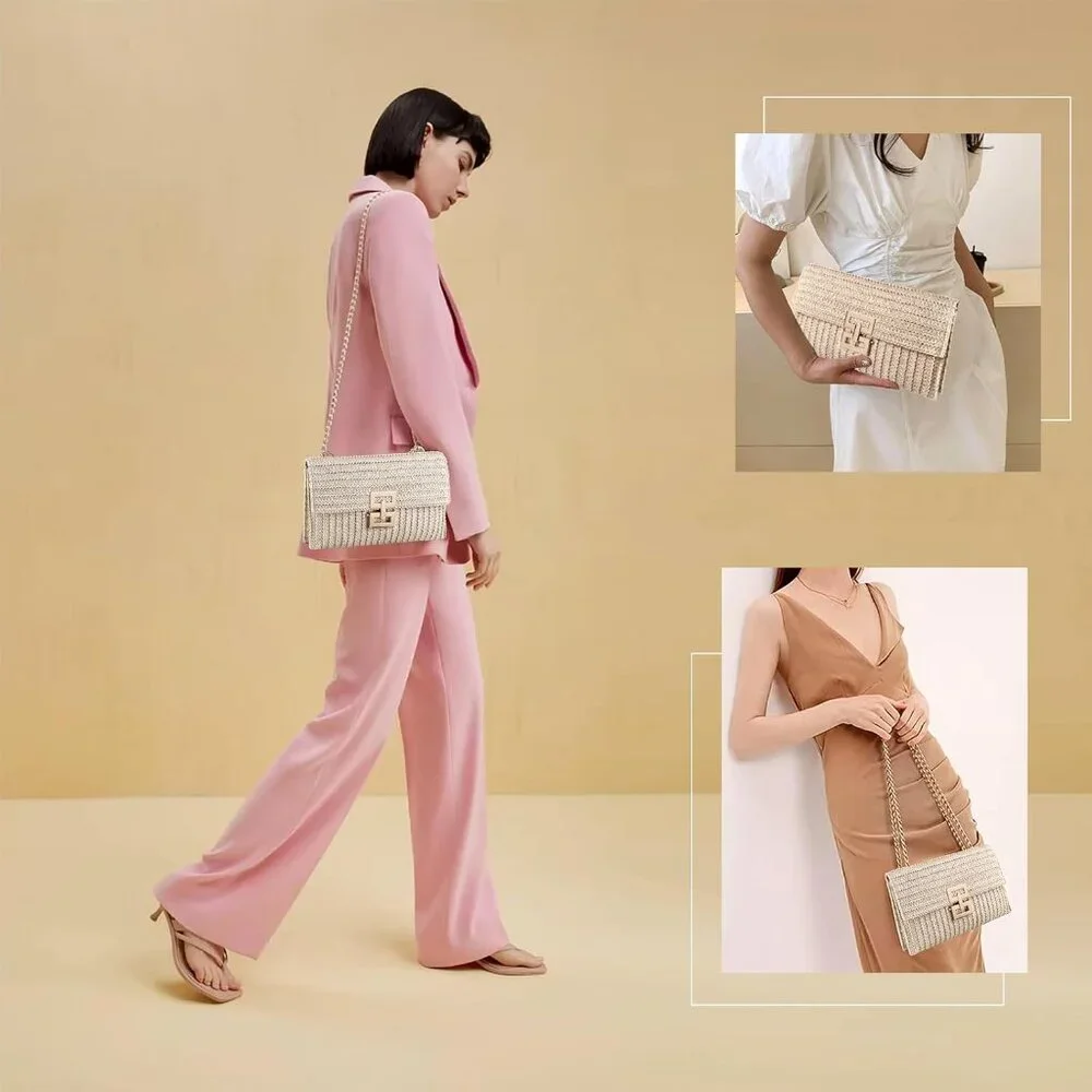 Straw Clutch Purse Crossbody Bag for Women Designer Evening Handbag Casual Summe - Picture 6 of 6